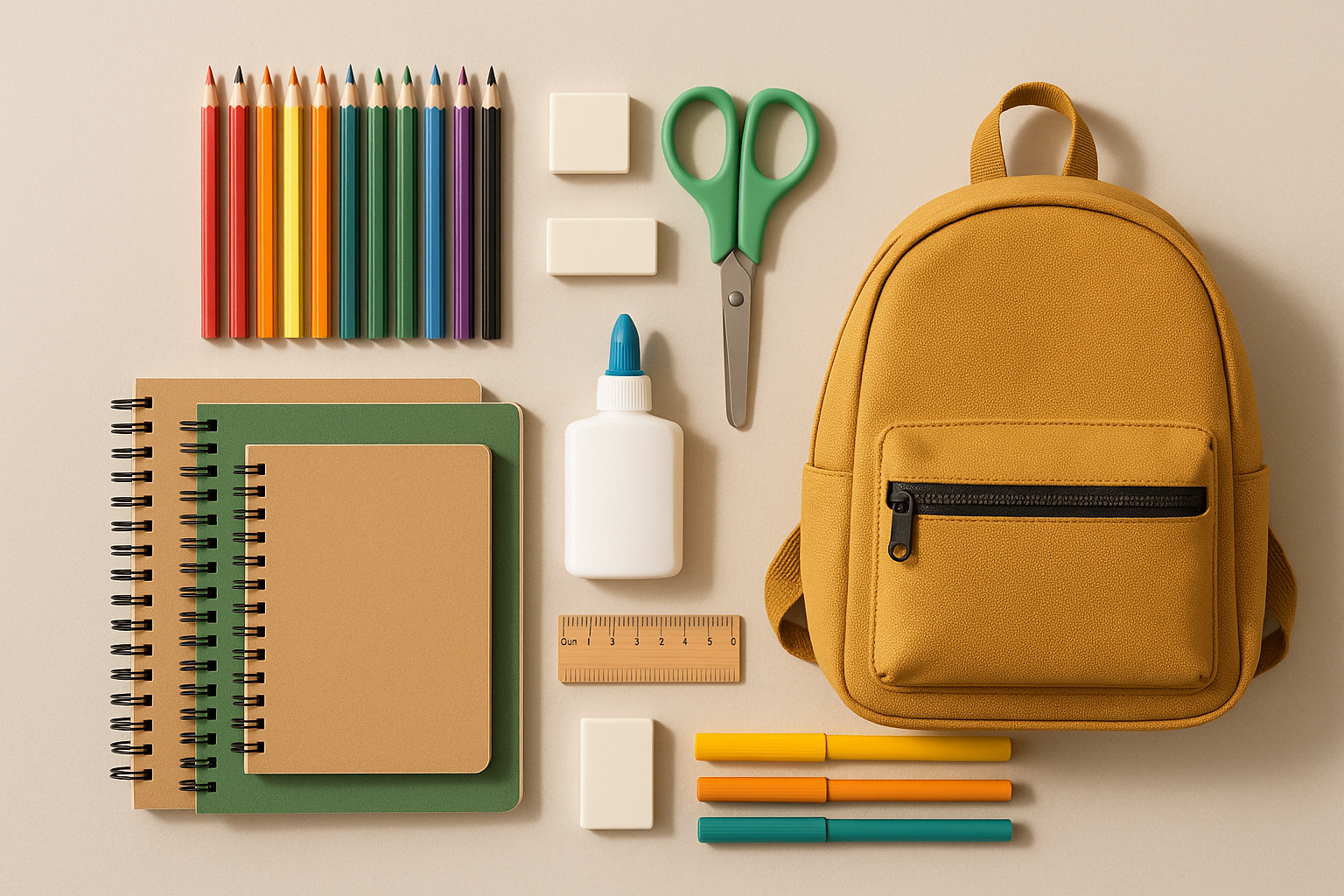 Fundo neutro com materiais escolares